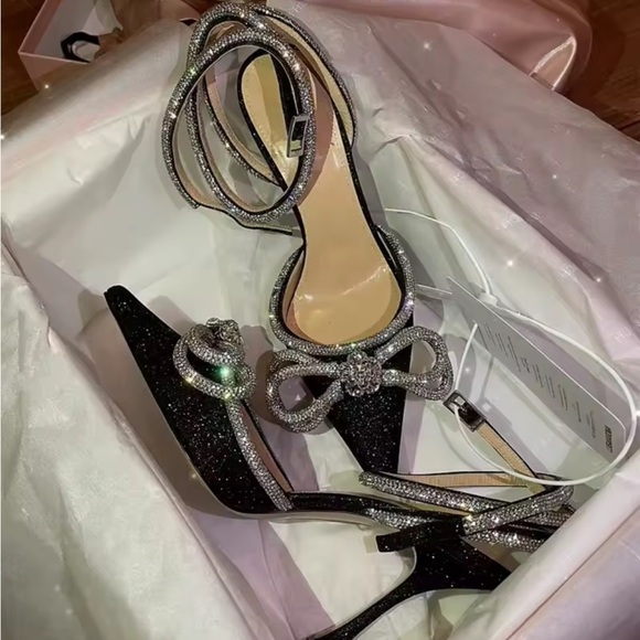 Silver Stiletto Heels with Bow Detail and Ankle Straps - Picture 4 of 5
